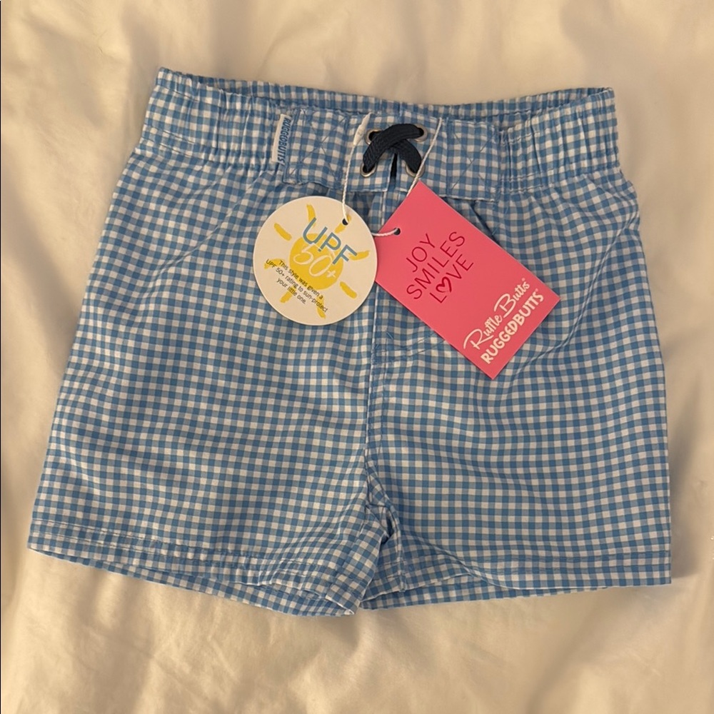Rugged Butts Boys Blue White Gingham Swim Short Trunks size 18-24 months